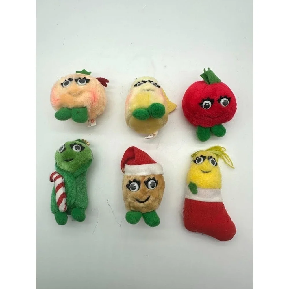 Del Monte Yumkins Plush Fruits & Vegetables Christmas Ornaments 1991 Lot of 6